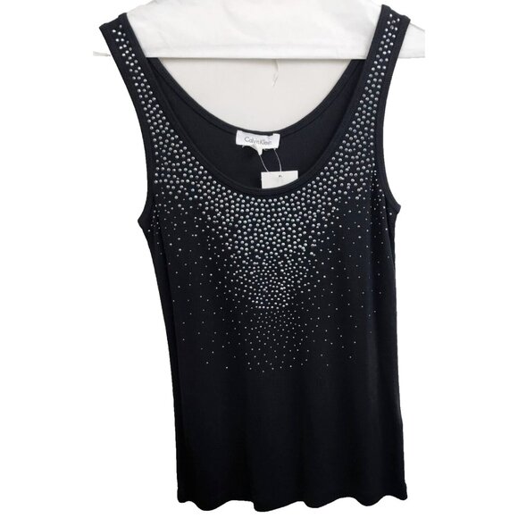 Calvin Klein Womens Embellished Tank Top Small Black Ribbed Whimsygoth NWT - Picture 1 of 6